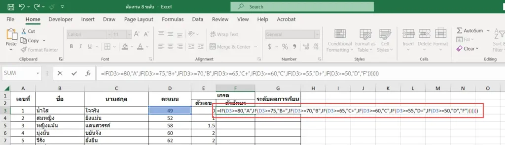 เขียนสูตรตัดเกรด 8 ระดับด้วย Excel ตัดเกรดแบบตัวอักษร