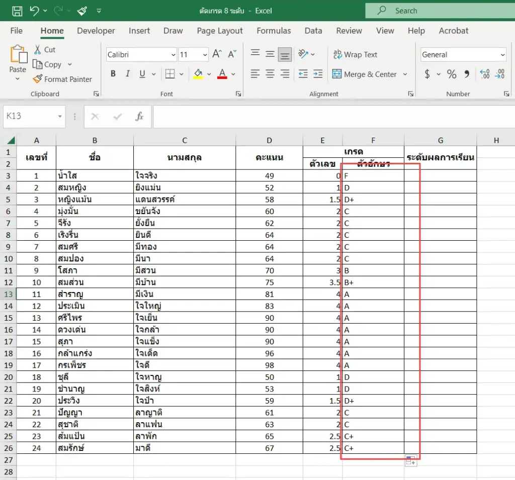 ได้เกรดครบทุกคนด้วยสูตรตัดเกรด 8 ระดับด้วย Excel