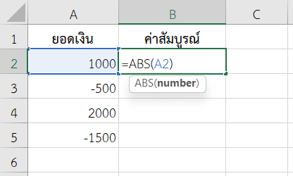 ใช้ฟังก์ชัน ABS ใน Excel แปลงค่าติดลบเป็นบวก
