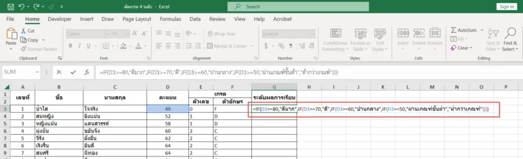 สูตร Excel ประเมินระดับการเรียน