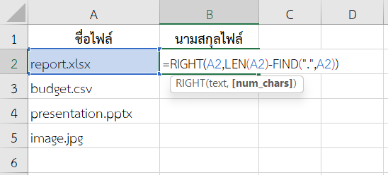 ใช้ฟังก์ชัน RIGHT ใน Excel ดึงนามสกุลไฟล์จากชื่อไฟล์