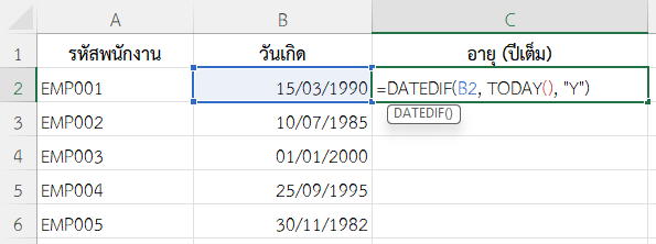 ใช้ฟังก์ชัน DATEDIF ใน Excel คำนวณอายุจากวันเกิดเป็นจำนวนปีเต็ม