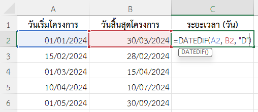 ใช้ฟังก์ชัน DATEDIF ใน Excel คำนวณจำนวนวันระหว่างวันเริ่มโครงการกับวันสิ้นสุด