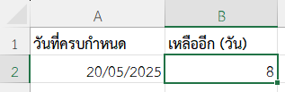 ผลลัพธ์จากการคำนวณจำนวนวันคงเหลือถึงวันครบกำหนด