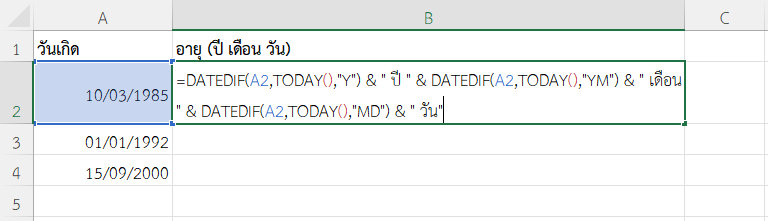 ใช้ฟังก์ชัน TODAY ใน Excel คำนวณอายุบุคคลเป็น "ปี เดือน วัน"