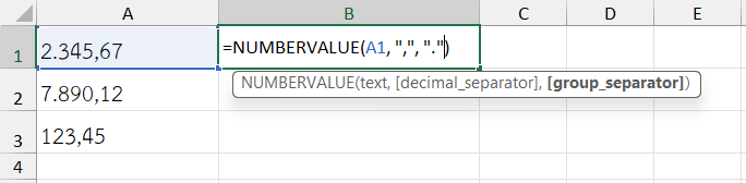 ใช้ฟังก์ชัน NUMBERVALUE ใน Excel แปลงข้อความเป็นตัวเลข