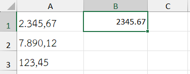 ผลลัพธ์การใช้ฟังก์ชัน NUMBERVALUE ใน Excel แปลงข้อความเป็นตัวเลข