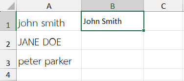 ผลลัพธ์จากการใช้ฟังก์ชัน PROPER ใน Excel แปลงตัวอักษรตัวแรกของแต่ละคำให้เป็นตัวพิมพ์ใหญ่