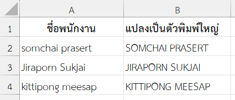 ผลลัพธ์จากการใช้ฟังก์ชัน UPPER ใน Excel แปลงตัวอักษรเป็นตัวพิมพ์ใหญ่