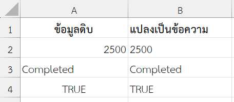 ผลลัพธ์จากการใช้ฟังก์ชัน VALUETOTEXT ใน Excel แสดงผลเป็นข้อความทั้งหมด