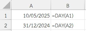 ตัวอย่างการใช้งานฟังก์ชัน DAY ใน Excel