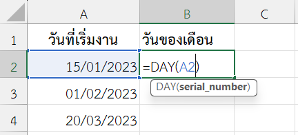 ใช้ฟังก์ชัน DAY ใน Excel ดึงเลขวันจากวันที่จริง
