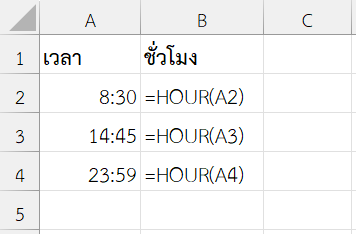 ฟังก์ชัน HOUR ใน Excel ดึงชั่วโมงจากเวลาเต็ม