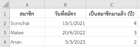 ผลลัพธ์จากการใช้งานฟังก์ชัน YEAR ใน Excel ร่วมกับ TODAY เพื่อตรวจสอบอายุสมาชิก