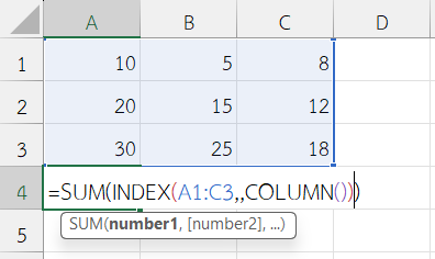 ใช้ฟังก์ชัน COLUMN ใน Excel ร่วมกับ SUM เพื่อบวกค่าตามคอลัมน์ปัจจุบัน