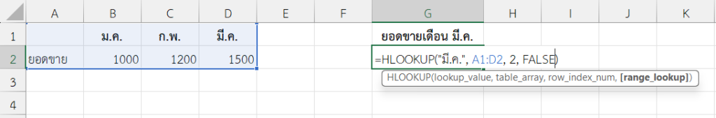 ฟังก์ชัน HLOOKUP ใน Excel ดึงยอดขายเดือนมีนาคม