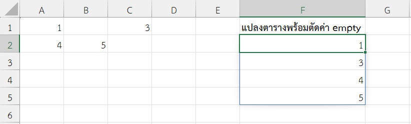 ผลลัพธ์การแปลง A1:C2 และตัดช่องว่างออก