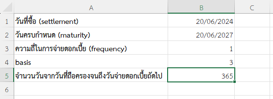 จำนวนวันจากวันที่ถือครองจนถึงวันจ่ายดอกเบี้ยถัดไป