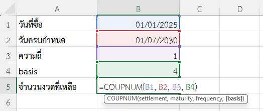ใช้ฟังก์ชัน COUPNUM ใน Excel คำนวณจำนวนงวดดอกเบี้ยที่เหลือ ณ วันที่ 01/01/2025