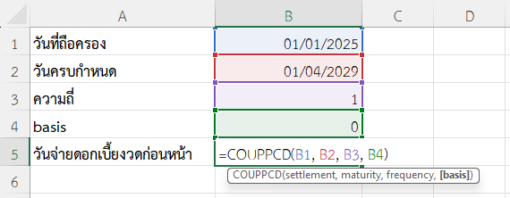 ใช้ฟังก์ชัน COUPPCD ใน Excel หาวันจ่ายดอกเบี้ยงวดก่อนหน้าจากวันที่ถือครอง