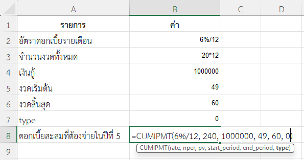 ใช้ฟังก์ชัน CUMIPMT ใน Excel คำนวณดอกเบี้ยสะสมในช่วงปีที่ 5