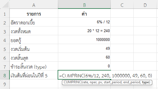 ใช้ฟังก์ชัน CUMPRINC ใน Excel คำนวณเงินต้นที่ผ่อนในปีที่ 5