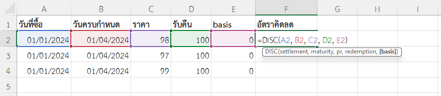 ใช้ฟังก์ชัน DISC ใน Excel เปรียบเทียบอัตราคิดลดของตั๋วเงินคลังที่ซื้อในราคาต่างกัน