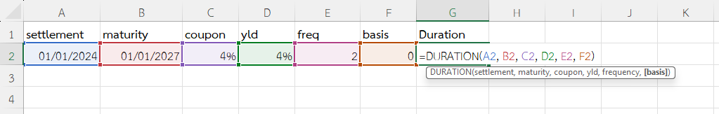 ใช้ฟังก์ชัน DURATION ใน Excel วัด Duration ของพันธบัตรแบบจ่ายดอกเบี้ยทุก 6 เดือน