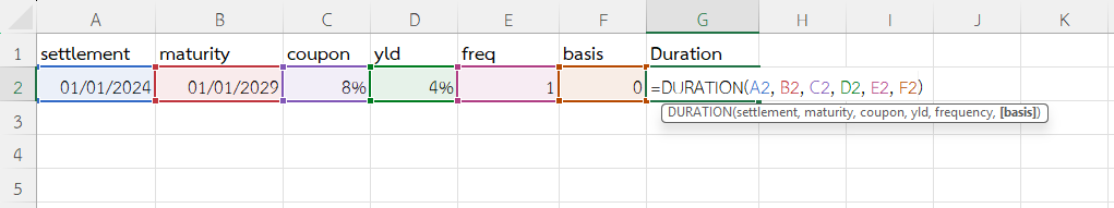 ใช้ฟังก์ชัน DURATION ใน Excel วัด Duration ของพันธบัตรคูปองสูง Yield ต่ำ