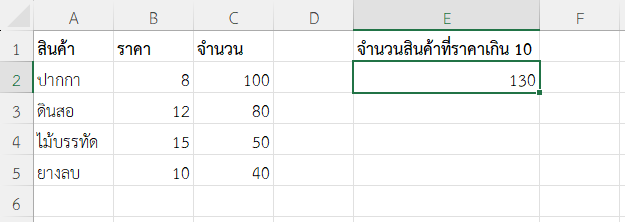 ผลลัพธ์การรวมจำนวนสินค้าที่ราคาต่อชิ้นมากกว่า 10 บาท