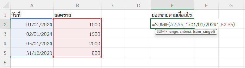 ใช้ฟังก์ชัน SUMIF ใน Excel รวมเฉพาะยอดขายวันที่เกินวันที่ 1 มกราคม 2024