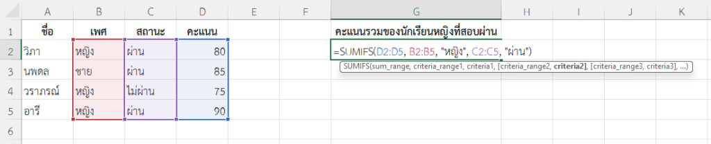 ใช้ฟังก์ชัน SUMIFS ใน Excel รวมคะแนนเฉพาะนักเรียนเพศหญิงที่สอบผ่าน