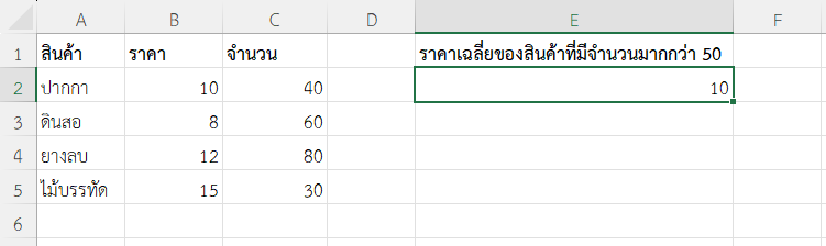 ผลลัพธ์การหาค่าเฉลี่ยของราคาสินค้าเฉพาะรายการที่มีจำนวนมากกว่า 50 ชิ้น