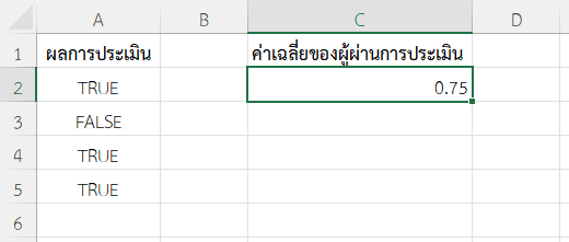 ผลลัพธ์จากการหาค่าเฉลี่ยจากค่าที่มี TRUE และ FALSE