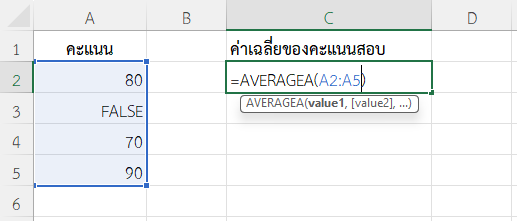 ฟังก์ชัน AVERAGEA ใน Excel หาค่าเฉลี่ยจากคะแนนสอบที่บางเซลล์เป็น FALSE