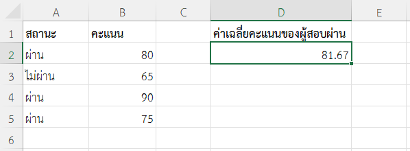 ผลลัพธ์การคำนวณคะแนนเฉลี่ยเฉพาะของนักเรียนที่สอบผ่านเท่านั้น