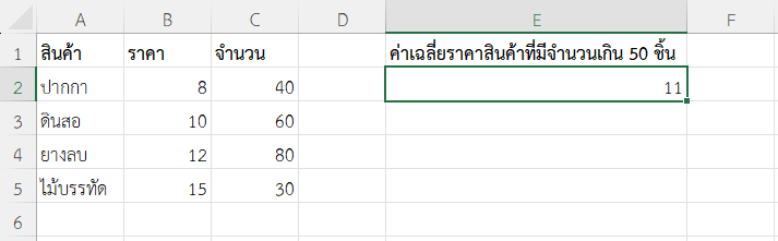ผลลัพธ์การหาค่าเฉลี่ยราคาสินค้าที่มีจำนวนเกิน 50 ชิ้น