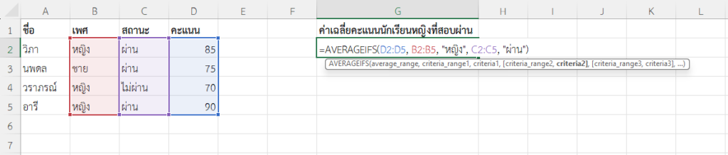 ใช้ฟังก์ชัน AVERAGEIFS ใน Excel หาค่าเฉลี่ยคะแนนของนักเรียนเพศหญิงที่สอบผ่าน