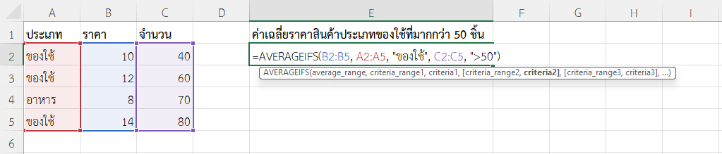 ใช้ฟังก์ชัน AVERAGEIFS ใน Excel หาค่าเฉลี่ยราคาสินค้าประเภทของใช้ที่มีจำนวนมากกว่า 50
