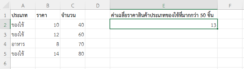 ผลลัพธ์ค่าเฉลี่ยราคาสินค้าประเภท "ของใช้" ที่มีจำนวนมากกว่า 50