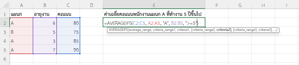 ใช้ฟังก์ชัน AVERAGEIFS ใน Excel หาค่าเฉลี่ยคะแนนเฉพาะพนักงานในแผนก A ที่ทำงานครบ 5 ปีขึ้นไป