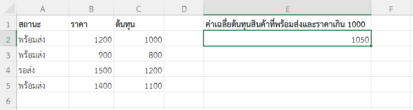 ผลลัพธ์การหาค่าเฉลี่ยต้นทุนของสินค้าที่สถานะ “พร้อมส่ง” และราคาสูงกว่า 1,000 บาท