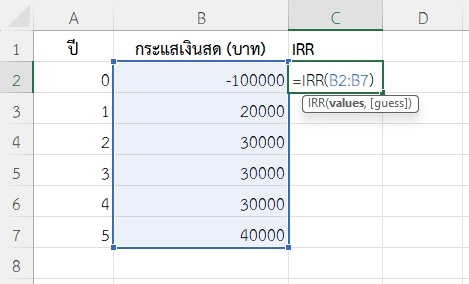 ใช้ฟังก์ชัน IRR ใน Excel คำนวณ IRR สำหรับโครงการลงทุนเครื่องจักร