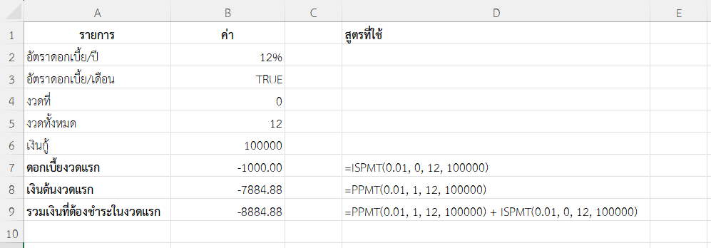 ใช้ฟังก์ชัน ISPMT ใน Excel ร่วมกับ PPMT เพื่อแยกเงินต้นและดอกเบี้ย