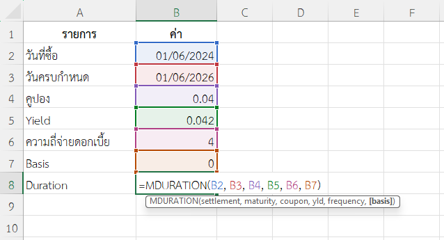 ใช้ฟังก์ชัน MDURATION ใน Excel คำนวณ Duration ของพันธบัตรที่จ่ายดอกเบี้ยรายไตรมาส