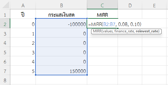 ใช้ฟังก์ชัน MIRR ใน Excel คำนวณ MIRR ของโครงการที่คืนทุนช้า