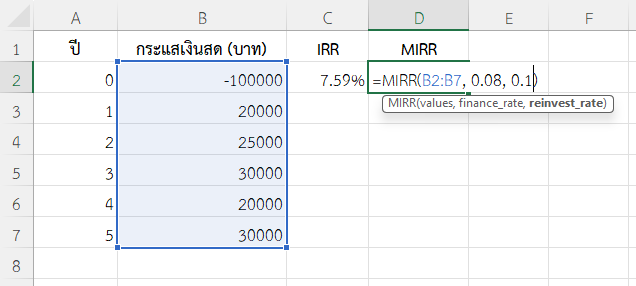 ใช้ฟังก์ชัน MIRR ใน Excel ควบคู่กับ IRR เพื่อเปรียบเทียบความแม่นยำ