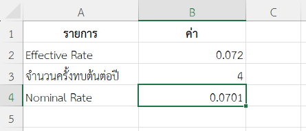 ตัวอย่างที่ 2: แปลง Effective Rate 7.2% ทบต้นรายไตรมาส