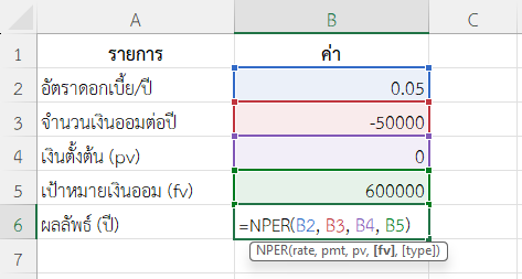 ใช้ฟังก์ชัน NPER ใน Excel แสดงจำนวนปีที่ต้องออม โดยเปลี่ยนอัตรารายปี