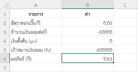 ตัวอย่างที่ 3: แสดงจำนวนปีที่ต้องออม โดยเปลี่ยนอัตรารายปี